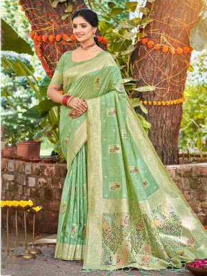 Sangam Prints Sea Green Havy Assam Silk Saree With Meena Woven Work Traditional Saree