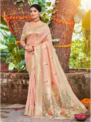 Sangam Prints Light Pink Havy Assam Silk Saree With Meena Woven Work Traditional Saree
