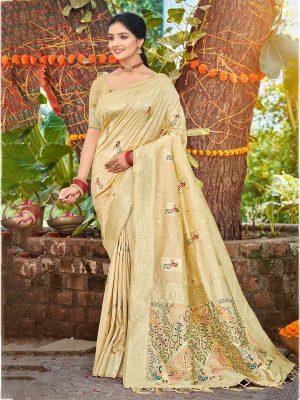 Sangam Prints Cream Havy Assam Silk Saree With Meena Woven Work Traditional Saree