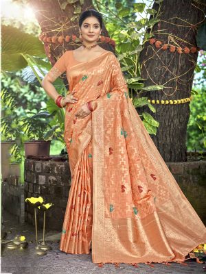 Sangam Prints Orange Havy Assam Silk Saree With Meena Woven Work Traditional Saree