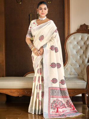 Sangam Prints Cream Linen Woven Work Traditional Saree
