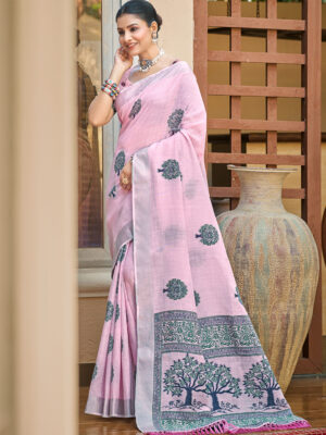 Sangam Prints Pink Linen Woven Work Traditional Saree