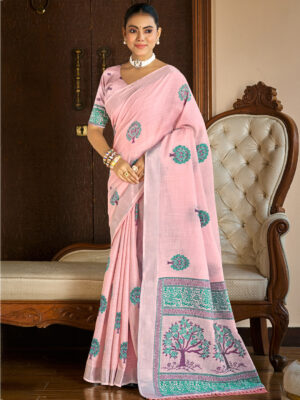 Sangam Prints Dark Pink Linen Woven Work Traditional Saree