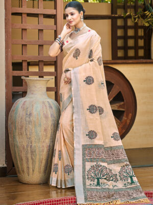 Sangam Prints Peach Linen Woven Work Traditional Saree