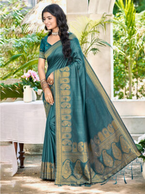 Sangam Prints Turquoise Assam Silk Woven Work Traditional Saree