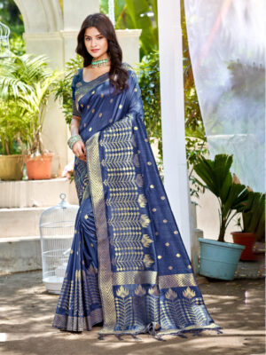 Sangam Prints Navy Blue Assam Silk Woven Work Traditional Saree