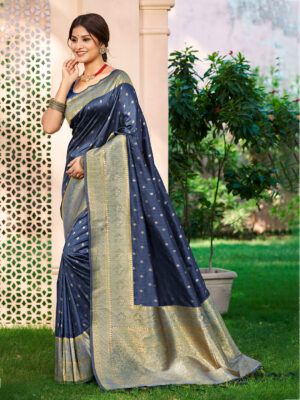 Sangam Prints Navy Blue Assam Silk Woven Work Traditional Saree