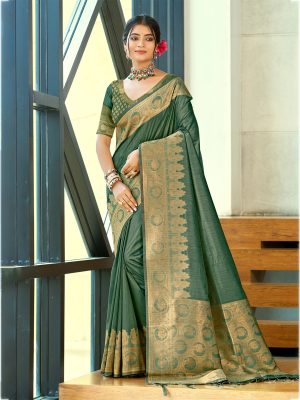 Sangam Prints Dark Green Assam Silk Woven Work Traditional Saree