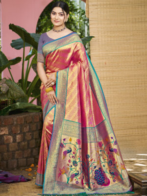 Sangam Prints Pink  Kanjivaram Silk Woven Work Traditional Saree