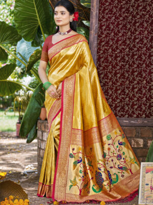 Sangam Prints Mustard  Kanjivaram Silk Woven Work Traditional Saree