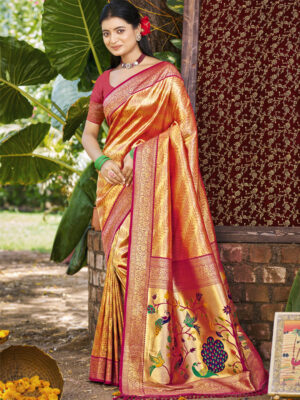 Sangam Prints Orange  Kanjivaram Silk Woven Work Traditional Saree