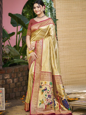 Sangam Prints Beige Kanjivaram Silk Woven Work Traditional Saree
