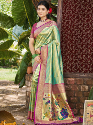 Sangam Prints Green Kanjivaram Silk Woven Work Traditional Saree
