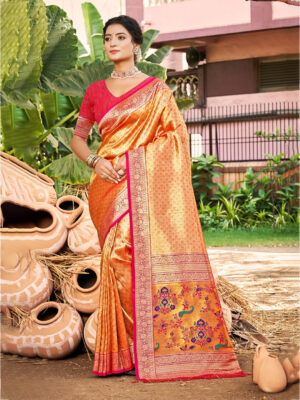 Sangam Prints Orange  Kanjivaram Silk Woven Work Traditional Saree