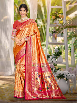 Sangam Prints Orange  Kanjivaram Silk Woven Work Traditional Saree