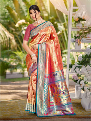 Sangam Prints Peach Kanjivaram Silk Woven Work Traditional Saree