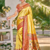 Sangam Prints Golden Yellow Kanjivaram Silk Woven Work Traditional Saree