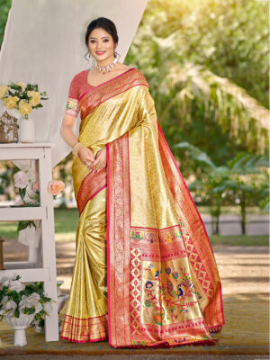 Sangam Prints Yellow Kanjivaram Silk Woven Work Traditional Saree