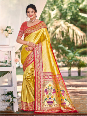 Sangam Prints Yellow Kanjivaram Silk Woven Work Traditional Saree