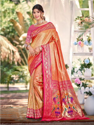 Sangam Prints Orange Kanjivaram Silk Woven Work Traditional Saree