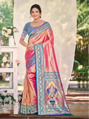 Sangam Prints Pink Kanjivaram Silk Woven Work Traditional Saree