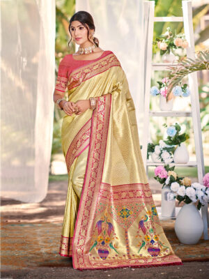 Sangam Prints Golden Yellow Kanjivaram Silk Woven Work Traditional Saree