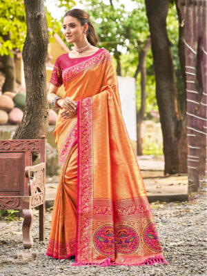Sangam Prints Orange Kanjivaram Silk Woven Work Traditional Saree