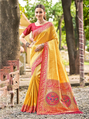 Sangam Prints Yellow Kanjivaram Silk Woven Work Traditional Saree