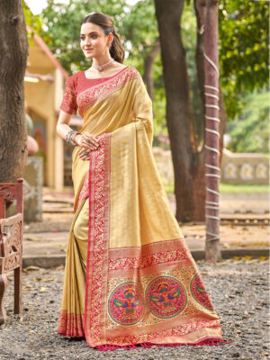 Sangam Prints Golden Yellow Kanjivaram Silk Woven Work Traditional Saree