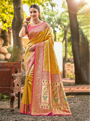 Sangam Prints Mustard Kanjivaram Silk Woven Work Traditional Saree