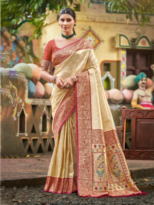 Sangam Prints Cream Kanjivaram Silk Woven Work Traditional Saree