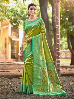 Sangam Prints Parrot Green Kanjivaram Silk Woven Work Traditional Saree