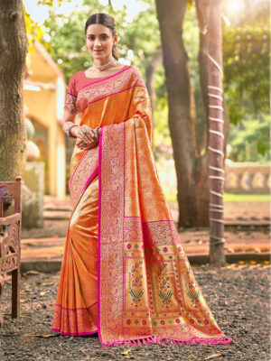 Sangam Prints Orange Kanjivaram Silk Woven Work Traditional Saree