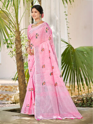 Sangam Prints Light Pink Linen Woven Work Traditional Saree