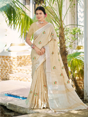 Sangam Prints Cream Linen Woven Work Traditional Saree