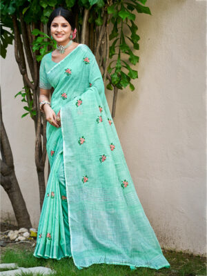 Sangam Prints Aqua Blue Linen Woven Work Traditional Saree