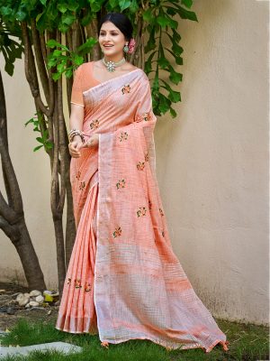 Sangam Prints Peach Linen Woven Work Traditional Saree