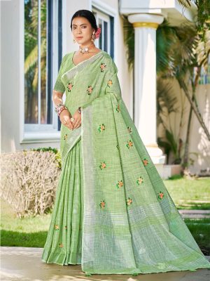 Sangam Prints Olive Green Linen Woven Work Traditional Saree