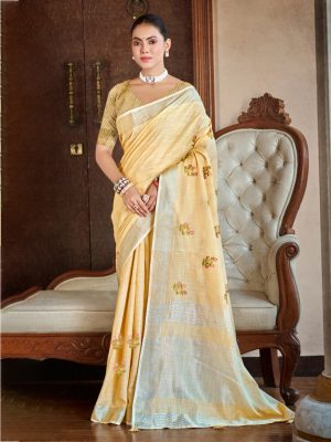 Sangam Prints Mustard Linen Woven Work Traditional Saree