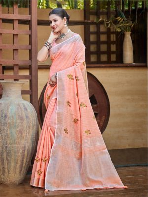 Sangam Prints Peach Linen Woven Work Traditional Saree