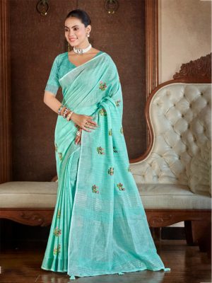 Sangam Prints Aqua Blue Linen Woven Work Traditional Saree