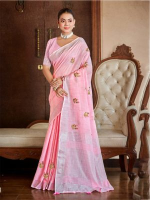 Sangam Prints Pink Linen Woven Work Traditional Saree