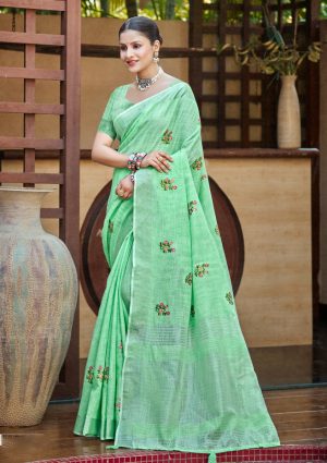 Sangam Prints Pista Green Linen Woven Work Traditional Saree