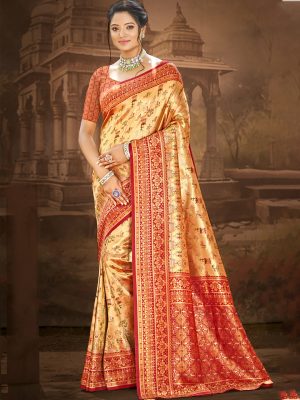 Sangam Prints Golden With Maroon Dharmavaram Woven Work Traditional Saree