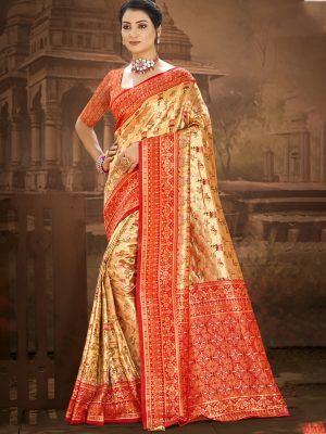 Sangam Prints Golden With Cherry Red Dharmavaram Woven Work Traditional Saree