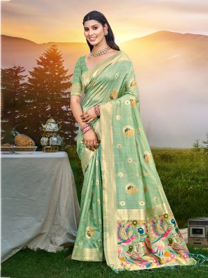 Sangam Prints Sea Green Havy Assam Silk Saree With Meena Woven Work Traditional Saree