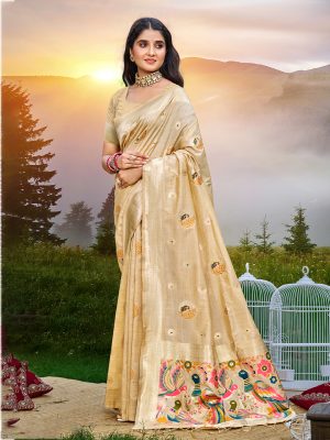 Sangam Prints Cream Havy Assam Silk Saree With Meena Woven Work Traditional Saree