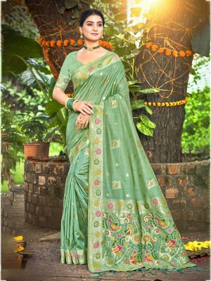 Sangam Prints Sea Green Havy Assam Silk Saree With Meena Woven Work Traditional Saree
