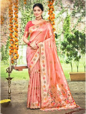Sangam Prints Peach Havy Assam Silk Saree With Meena Woven Work Traditional Saree