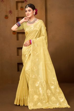 Sangam Prints Yellow Munga Kota Woven Work Traditional Saree